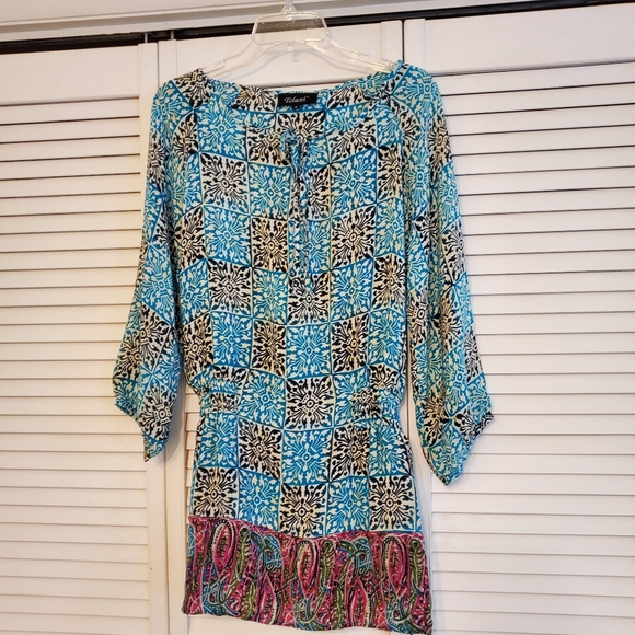 Tolani 100% Silk Deepa Mini Dress Turquoise Mosaic, Size Small - Picture 3 of 11